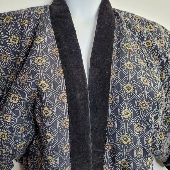 VINTAGE Japanese navy blue floral boro cloth padded kimono with‎ velvet collar - Picture 5 of 9